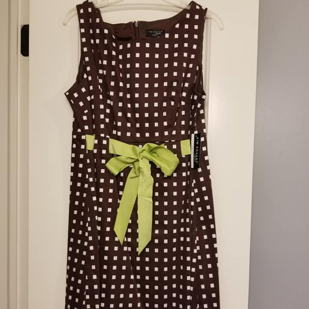 Kim Rogers Signature Brown Dot Green Ribbon Belt Dress Womens 16 Classic Neutral